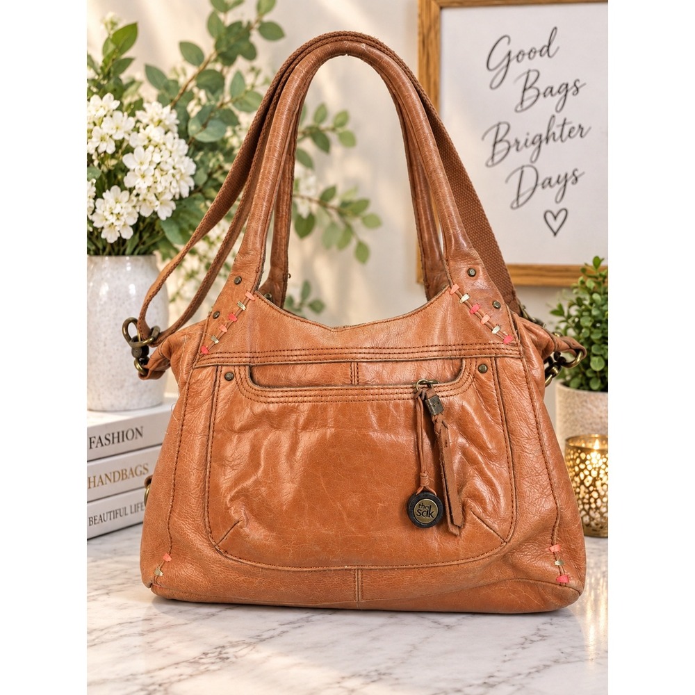 The Sak Cognac Brown Leather Shoulder Bag Whipstitch Hobo Crossbody Purse